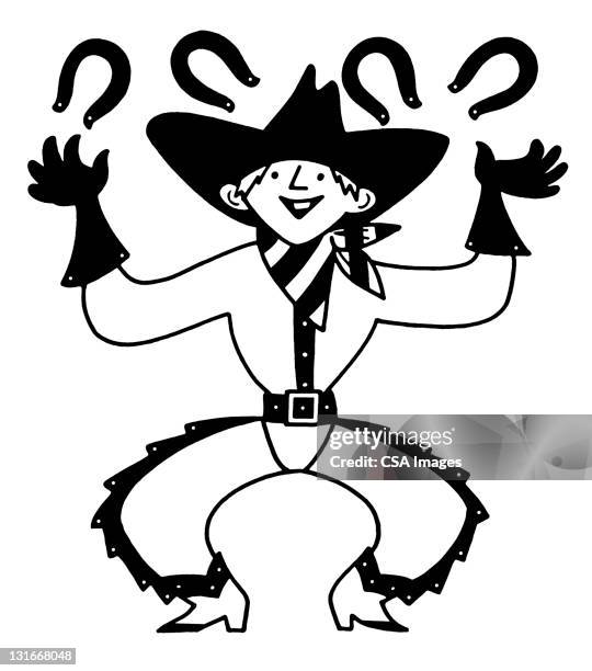 cowboy juggling horseshoes - maskottchen stock-grafiken, -clipart, -cartoons und -symbole