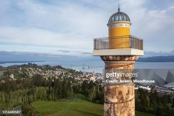 view of the astoria column overlooking the columbia river mouth - the astoria column stock pictures, royalty-free photos & images