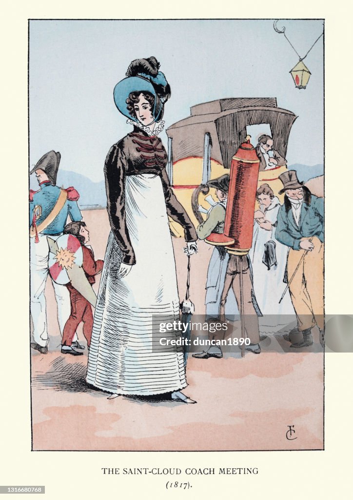 Woman wearing high waisted dress, French fashion, early 19th Century
