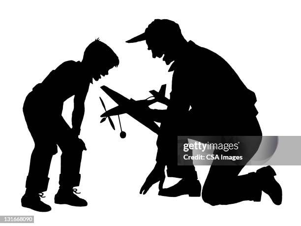 father and son with toy plane - single dad stock illustrations