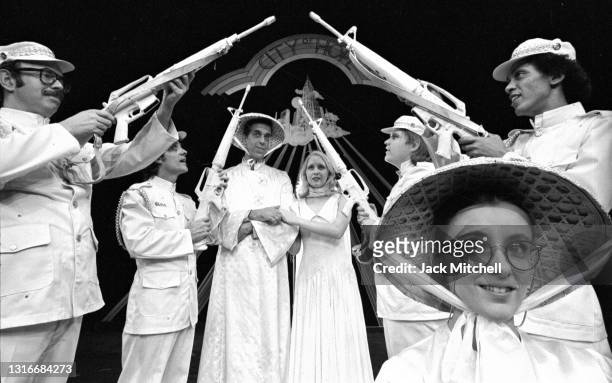View of a production of the musical 'More Than You Deserve' at the Public Theater, New York, New York, November 1973. Among those pictured are Mary...