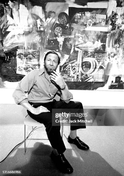 American artist Robert Rauschenberg during an exhibition of his work at the Museum of Modern Art, New York, New York, March 1977.