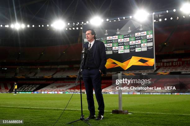 Unai Emery, Head coach of Villarreal is interviewed after the UEFA Europa League Semi-final Second Leg match between Arsenal and Villareal CF at...