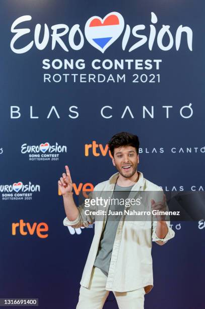 Singer Blas Canto poses for the photographers before his participation in Eurovision at the Monumental Theater on May 06, 2021 in Madrid, Spain.