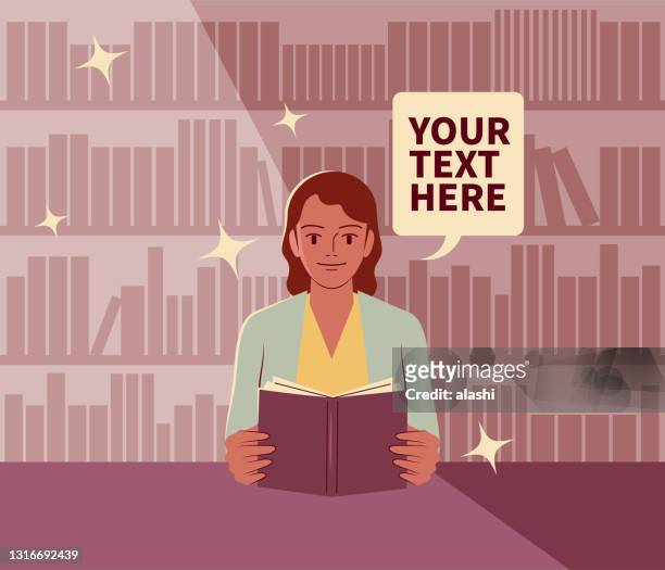 the young woman is reading a book in the library; never stop learning; to invest in yourself; knowledge is power - book club stock illustrations