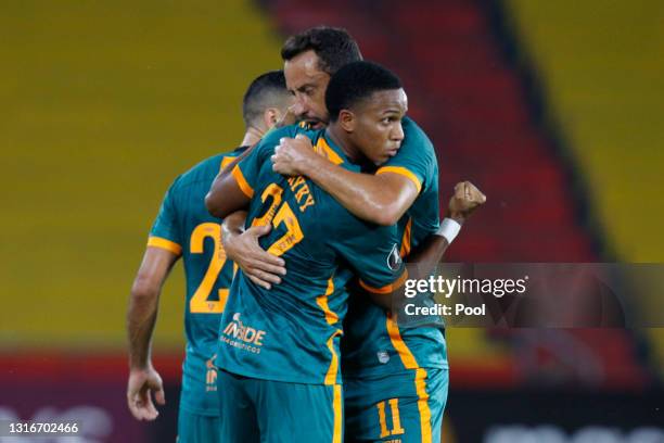 Kayky of Fluminense celebrates with teammates Nene during a match between Junior and Fluminense as part of Group D of Copa CONMEBOL Libertadores 2021...