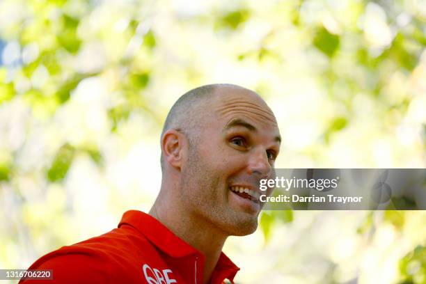 Tom Harley speaks to the media during a Sydney Swans AFL media opportunity at the Como Hotel on May 07, 2021 in Melbourne, Australia.