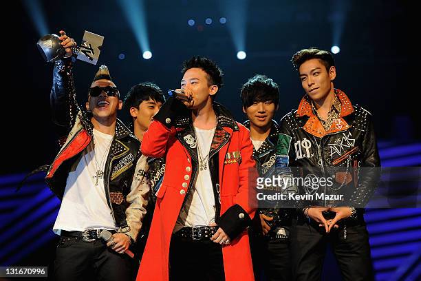 Seungri, G-Dragon, Taeyang, T.O.P, Daesung of Korean boy band Big Bang onstage during the MTV Europe Music Awards 2011 live show at at the Odyssey...