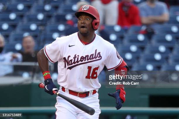 Victor Robles of the Washington Nationals reacts after striking out looking to end the eighth inning against the Atlanta Braves at Nationals Park on...