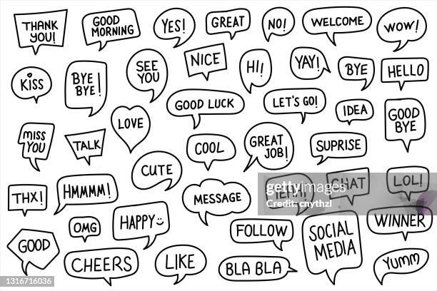 ilustraciones, imágenes clip art, dibujos animados e iconos de stock de burbujas de voz dibujadas a mano con palabras de mensaje de uso comunes. ilustración vectorial de trazo editable - burbuja de pensamiento