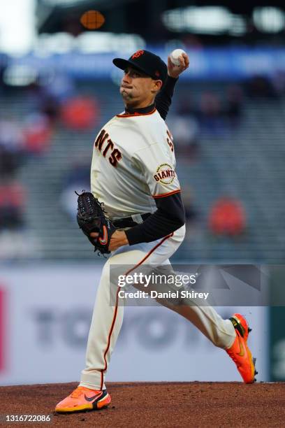 Aaron Sanchez of the San Francisco Giants pitches during the game against the Colorado Rockies at Oracle Park on April 27, 2021 in San Francisco,...