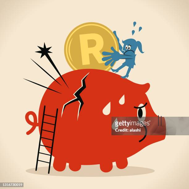 one woman putting a south african rand currency into a piggy bank and finding it is breaking - am rand stock illustrations