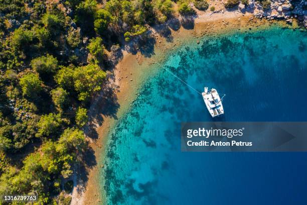 aerial view of a catamaran yacht in the blue sea. yachting, luxury vacation at sea. yachting in the caribbean - catamaran sailing stock-fotos und bilder