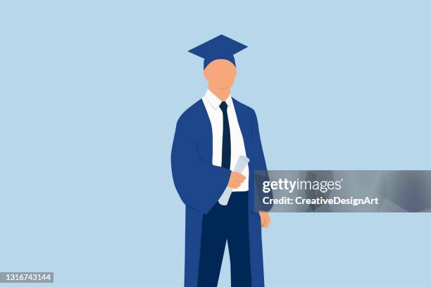 male student wearing graduation gown and holding diploma - graduation gown stock illustrations