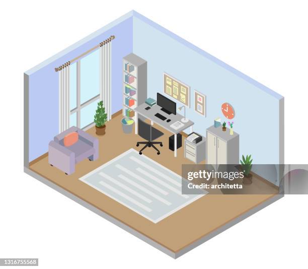 study room of a house isometric view - bookshelf background stock illustrations