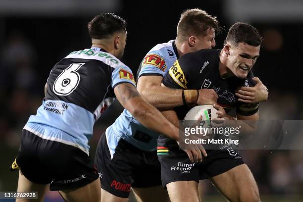 Nathan Cleary of the Panthers is tackled during the round nine NRL match between the Penrith Panthers and the Cronulla Sharks at BlueBet Stadium on...