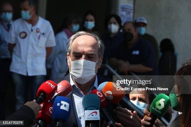 The PSOE candidate for the Presidency of the Community of Madrid, Angel Gabilondo, gives statements to the media as he leaves the Ramon y Cajal...