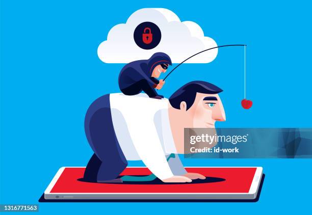 hacker guiding businessman with heart symbol via unsafe cloud computing - lost cellphone stock illustrations