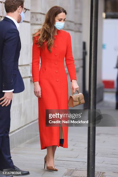 Catherine, Duchess of Cambridge departs The National Portrait Gallery Archive on May 07, 2021 in London, England.