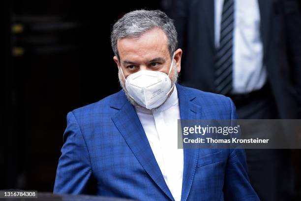 Iranian deputy foreign minister Abbas Araghchi leaves the Grand Hotel on the day the JCPOA Iran nuclear talks are to resume on May 7, 2021 in Vienna,...