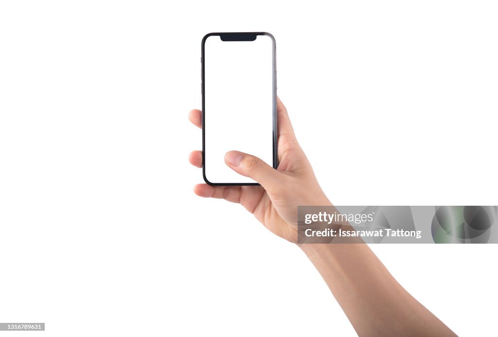 Close up hand hold phone isolated on white background