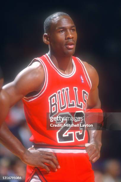 Michael Jordan of the Chicago Bulls looks on during a NBA basketball game against the Washington Bullets at the Capital Centre on December 30, 1989...