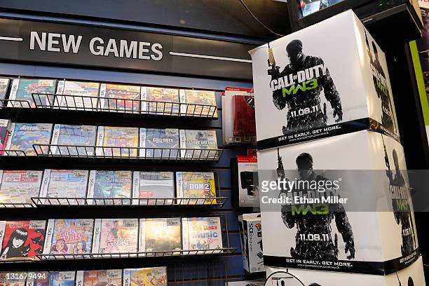 Display boxes advertise the highly anticipated video game, "Call Of Duty: Modern Warfare 3" at a GameStop Corp. Store November 6, 2011 in North Las...
