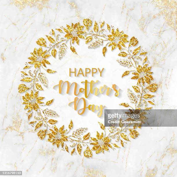 ilustrações de stock, clip art, desenhos animados e ícones de happy mother's day, gold glitter fresh bloosoms design for greeting cards, advertising, banners, leaflets and flyers. floral frame. delicate bouquets with gold flowers arranged to form a cheerful frame. geometric botanical vector design frame. - mothers day text art