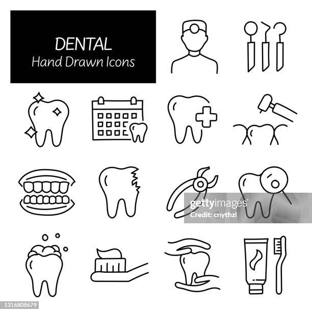 dental related hand drawn icons, doodle elements vector illustration - crown drawing stock illustrations