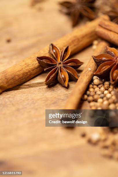 star anise, cinnamon sticks and coriander seeds - zimt foto e immagini stock