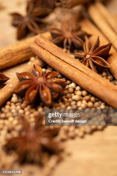 star anise, cinnamon sticks and coriander seeds - zimt foto e immagini stock