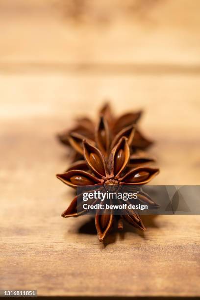 star anise, cinnamon sticks and coriander seeds - zimt foto e immagini stock