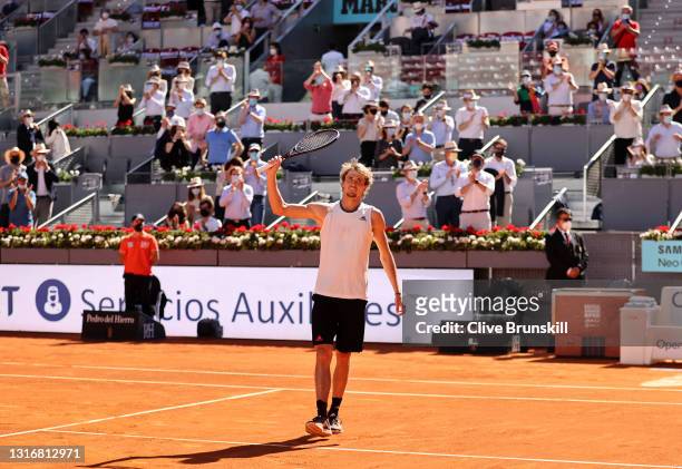 Alexander Zverev of Germany celebrates match point after victory during their Quarter Final match against Rafael Nadal of Spain during Day Nine of...