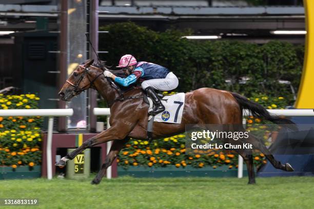 Jockey Joao Moreira riding Majestic Star wins the Race 8 Hung Hom Bay Handicap at Happy Valley Racecourse on May 5, 2021 in Hong Kong.