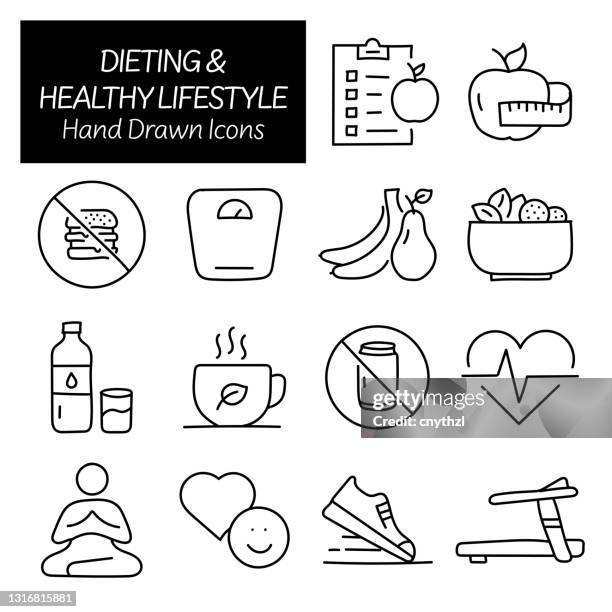 dieting and healthy lifestyle related hand drawn icons, doodle elements vector illustration - body detox stock illustrations