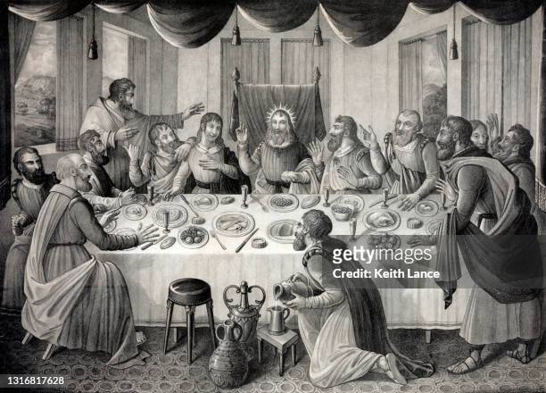 jesus christ and the last supper - the last supper painting stock illustrations