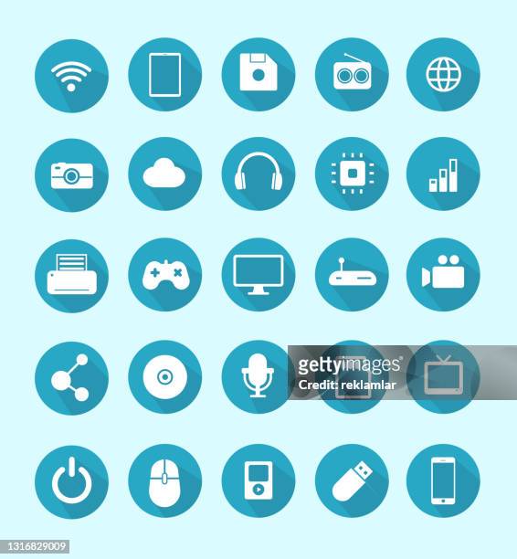 technology, old and modern communication devices and accessories and audio and video items and objects vector icon graphic design set. - usb stick stock illustrations