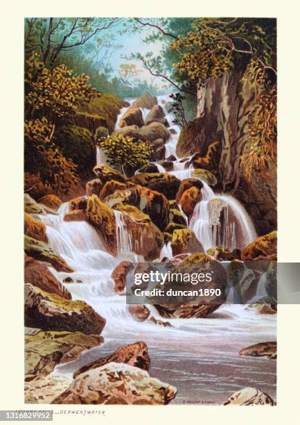 stockillustraties, clipart, cartoons en iconen met lodore falls waterval, derwentwater, english lake district, victoriaanse 19e eeuwse landschapskunst - waterval