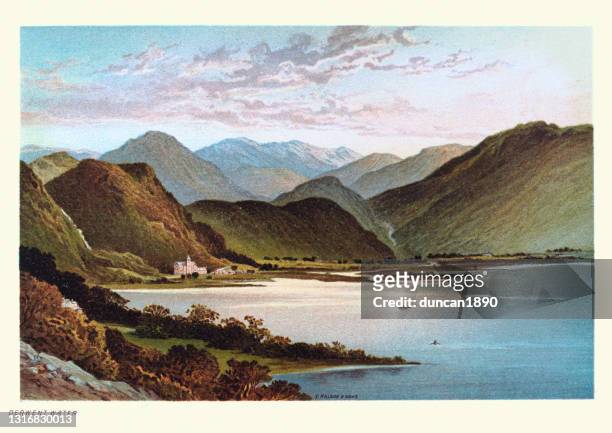 derwentwater, english lake district, victorian 19th century landscape art - english culture stock illustrations