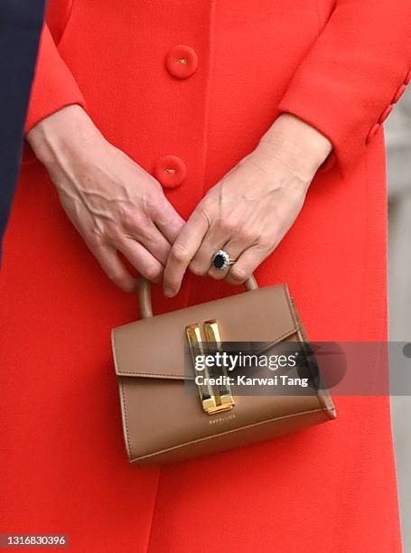 Catherine, Duchess of Cambridge, bag detail, visits the National Portrait Gallery Archive on May 07, 2021 in London, England.