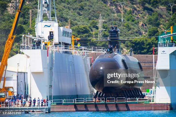 The submarine S-81 Isaac Peral in the dry dock for its launching, after leaving the Navantia shipyard, on 7 May, 2021 in Cartagena, Murcia, Spain....