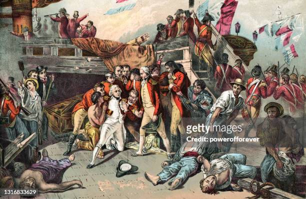 the wounding of vice-admiral horatio nelson at the battle of trafalgar - 19th century - tall ship stock illustrations