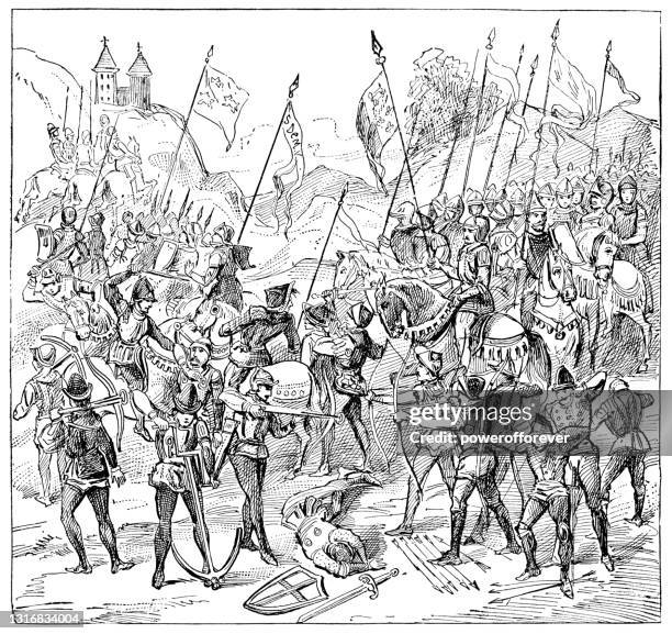 the battle of crécy from jean froissart's chronicles - 14th century - hundred years war stock illustrations