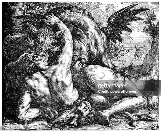 ilustrações, clipart, desenhos animados e ícones de o dragão devorando os companheiros de cadmus por hendrick goltzius - século xvi - mythology