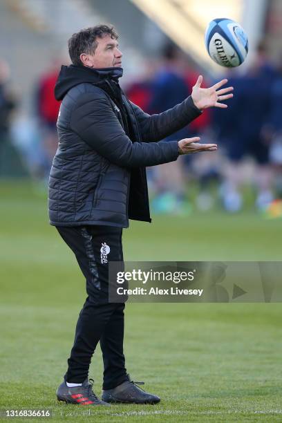 Leicester Tigers assistant coach Mike Ford during the players warm up ahead of the Gallagher Premiership Rugby match between Sale and Leicester...