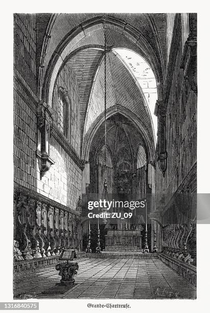 chapel of the monastery grande chartreuse near grenoble, france, 1868 - grenoble stock illustrations