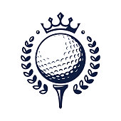 Golf ball vector logo. Golf ball on tee with wreath and crown. Vector illustration