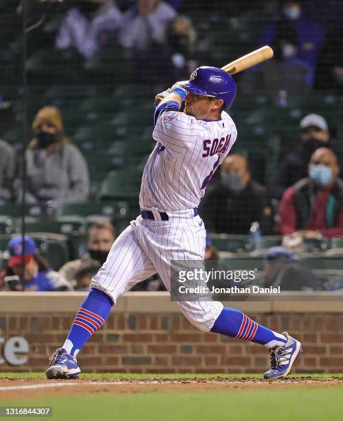 Eric Sogard of the Chicago Cubs bats against the Los Angeles Dodgers at Wrigley Field on May 04, 2021 in Chicago, Illinois. The Cubs defeated the...