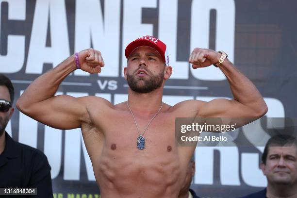 Billy Joe Saunders weighs in against Canelo Alvarez for Alvarez's WBC and WBA super middleweight titles and Saunders' WBO super middleweight title at...