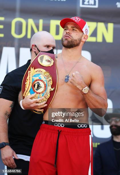 Billy Joe Saunders poses after weighing in against Canelo Alvarez for Alvarez's WBC and WBA super middleweight titles and Saunders' WBO super...